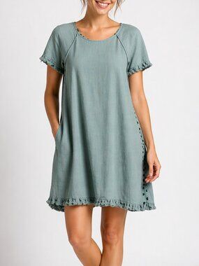 Umgee USA Dress Womens Small Sage Green Linen Blend Boho Shift Ruffle Hem Pocket